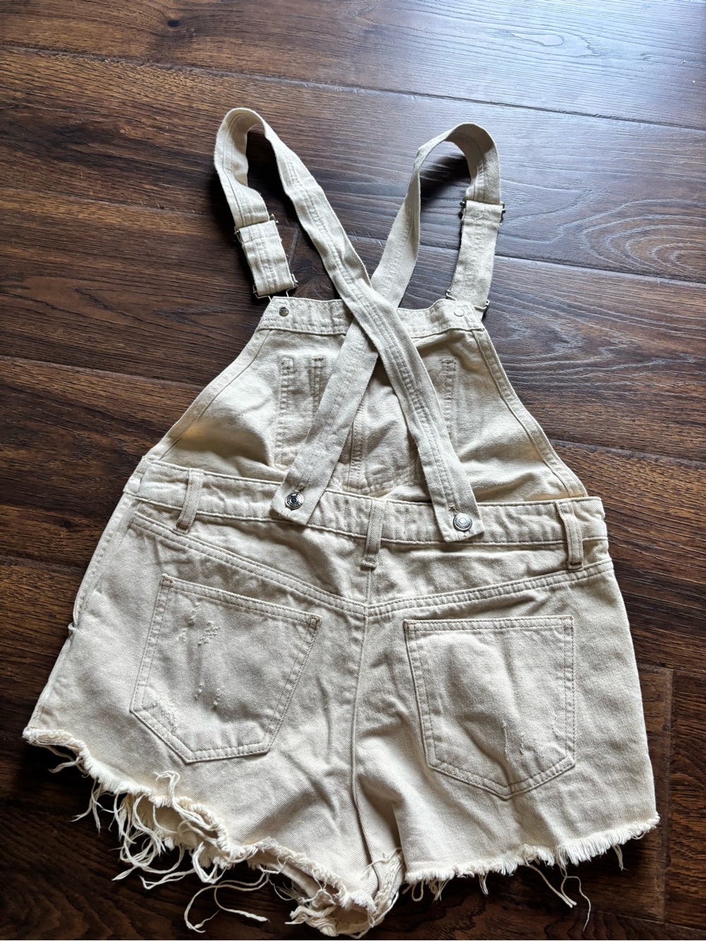 Free People Cream Distressed Denim Short Overalls